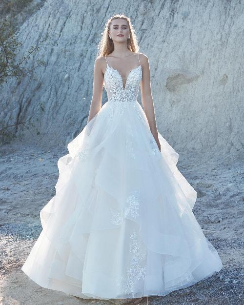 La21115 princess ball gown wedding dress with long train and spaghetti straps1
